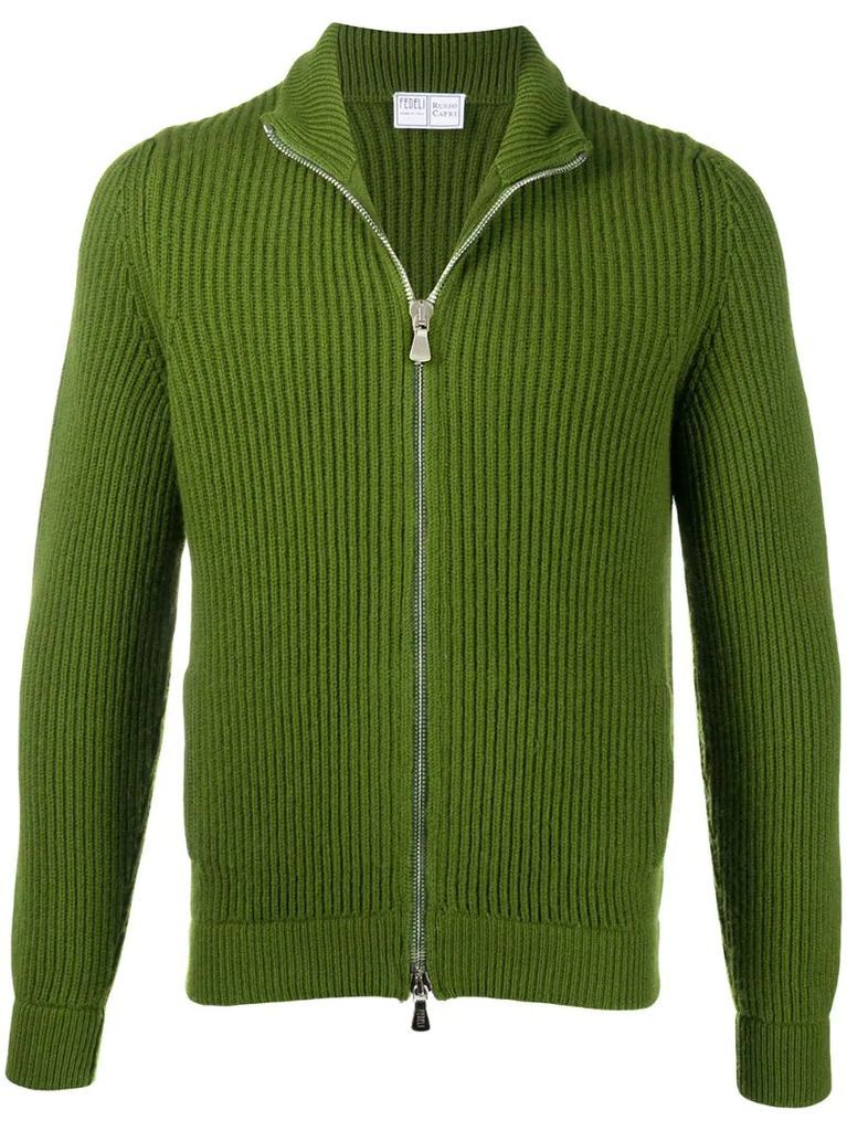 zip-through ribbed sweater