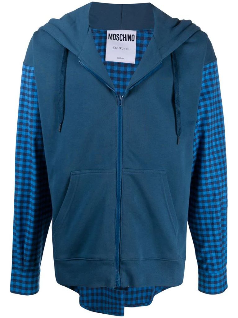 contrast panel zip-fastening hoodie