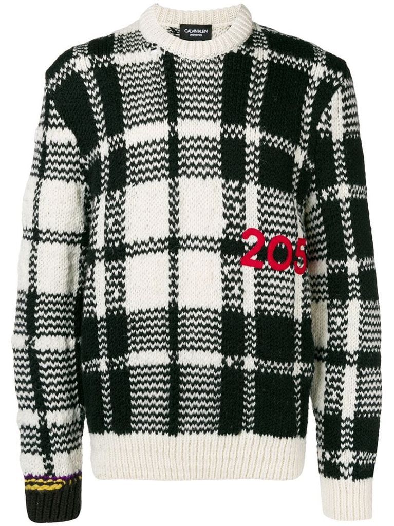 logo embroidered check knit sweater