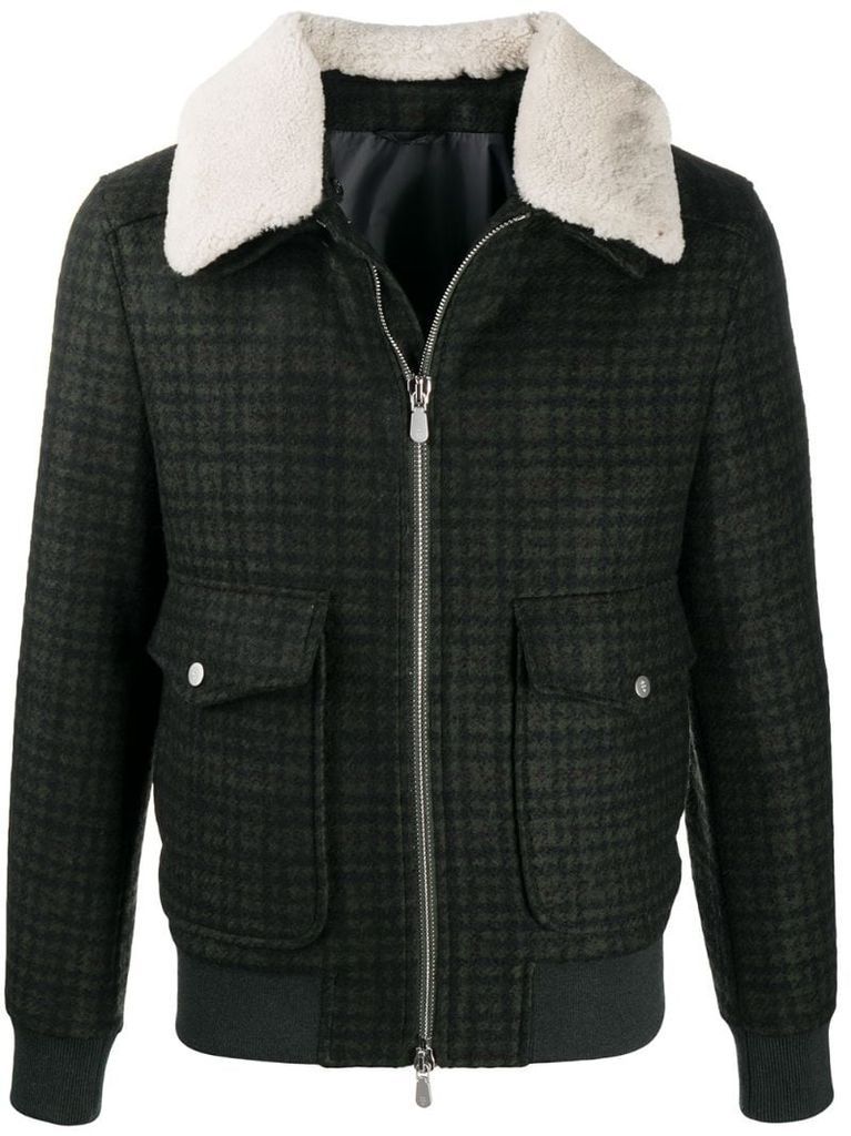 shearling-collar houndstooth jacket