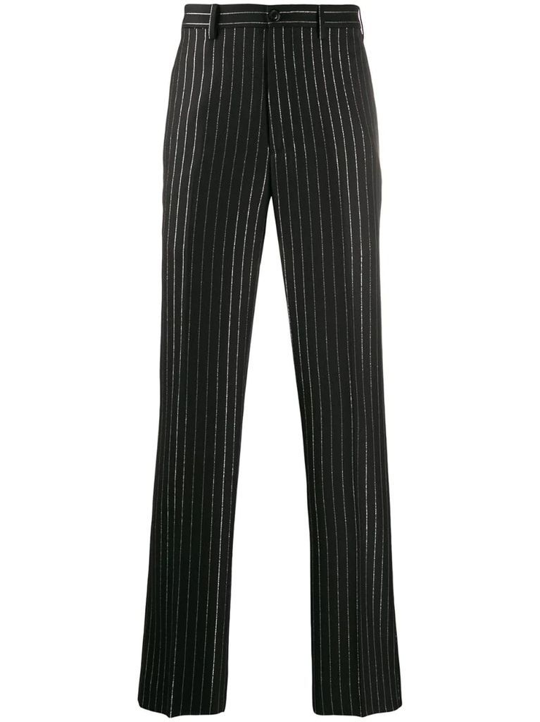metallic pinstripe trousers