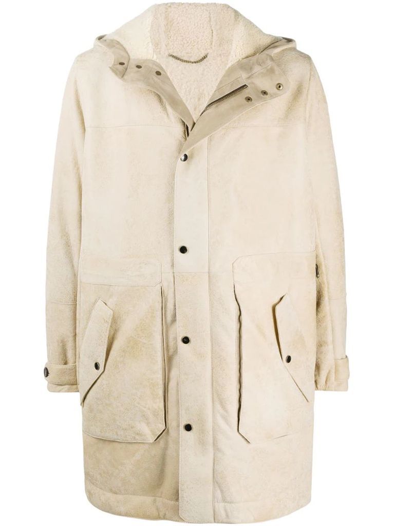 long-sleeve hooded shearling coat