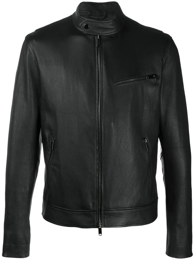 collarless leather jacket