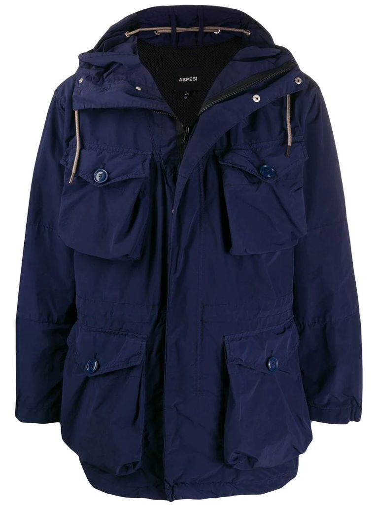 hooded multi-pocket raincoat