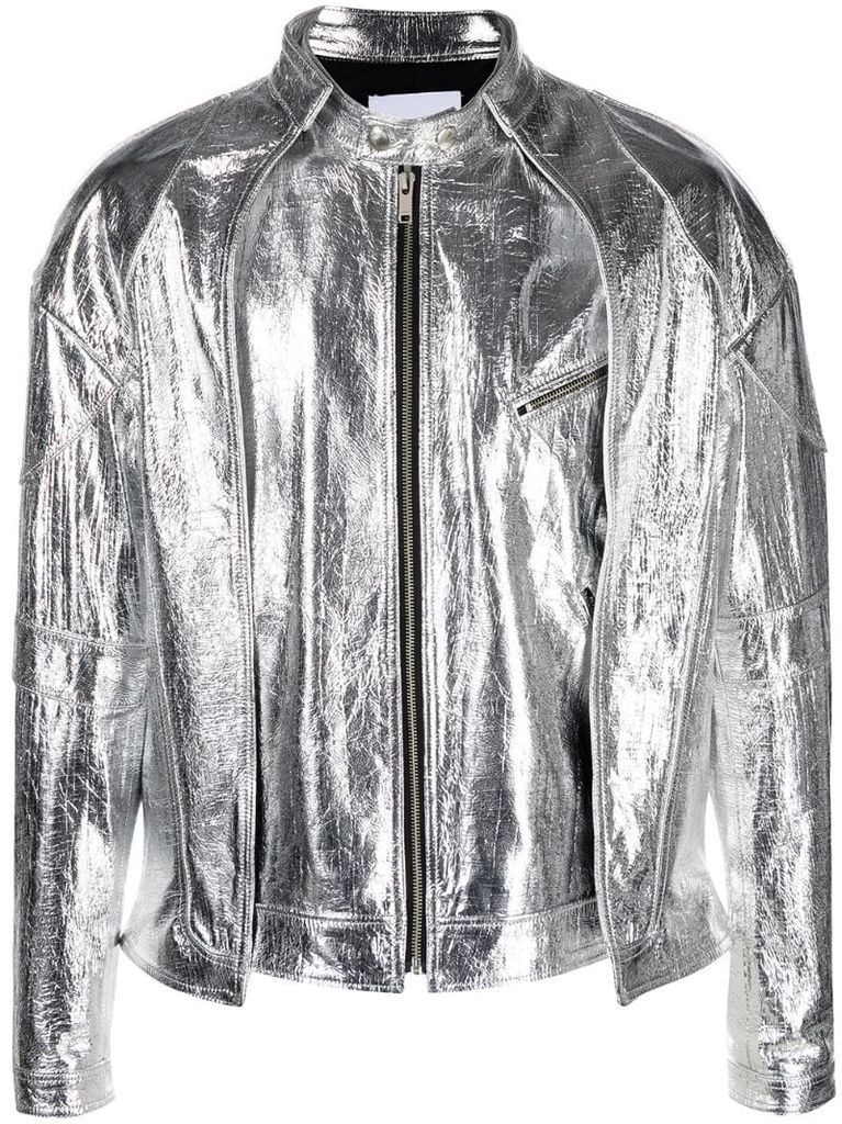 metallic leather bomber jacket