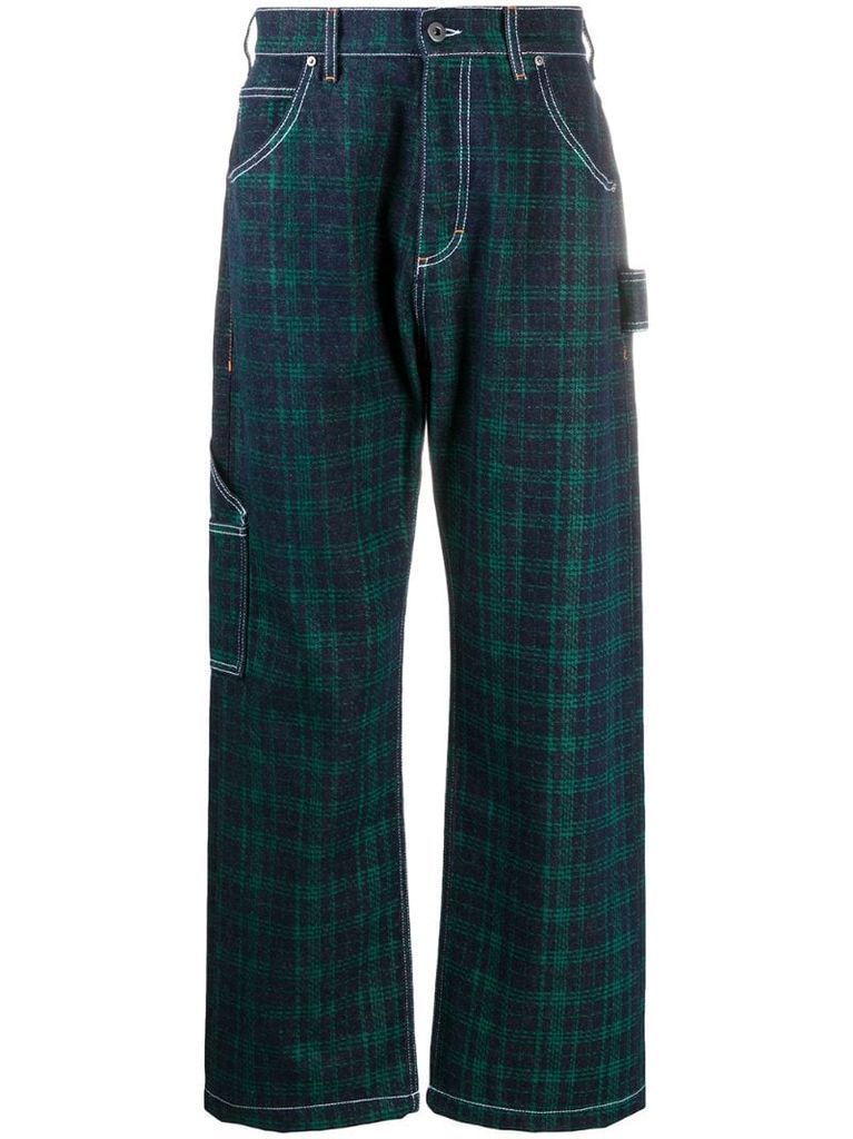 contrast-stitch check trousers