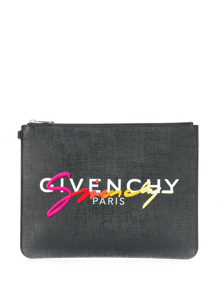 embroidered logo zipped clutch