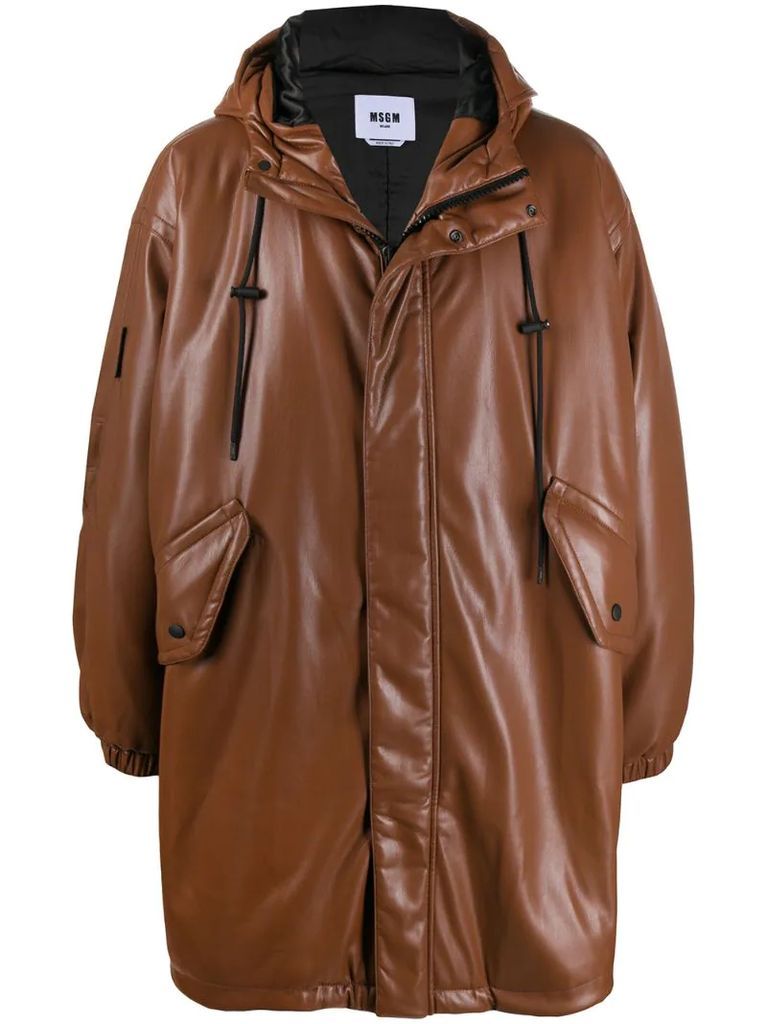 faux-leather hooded coat