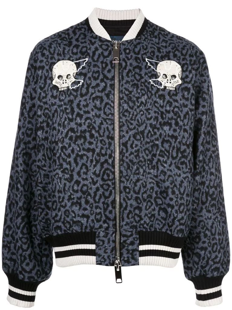 Skeleton leopard print bomber jacket