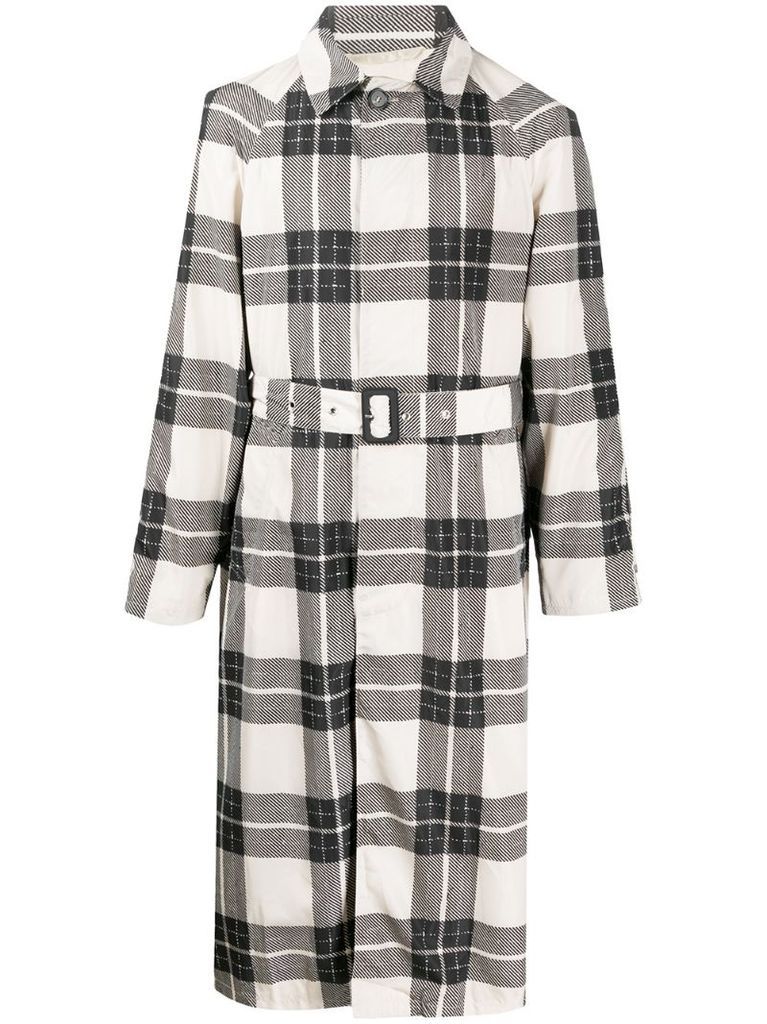 belted check-print coat