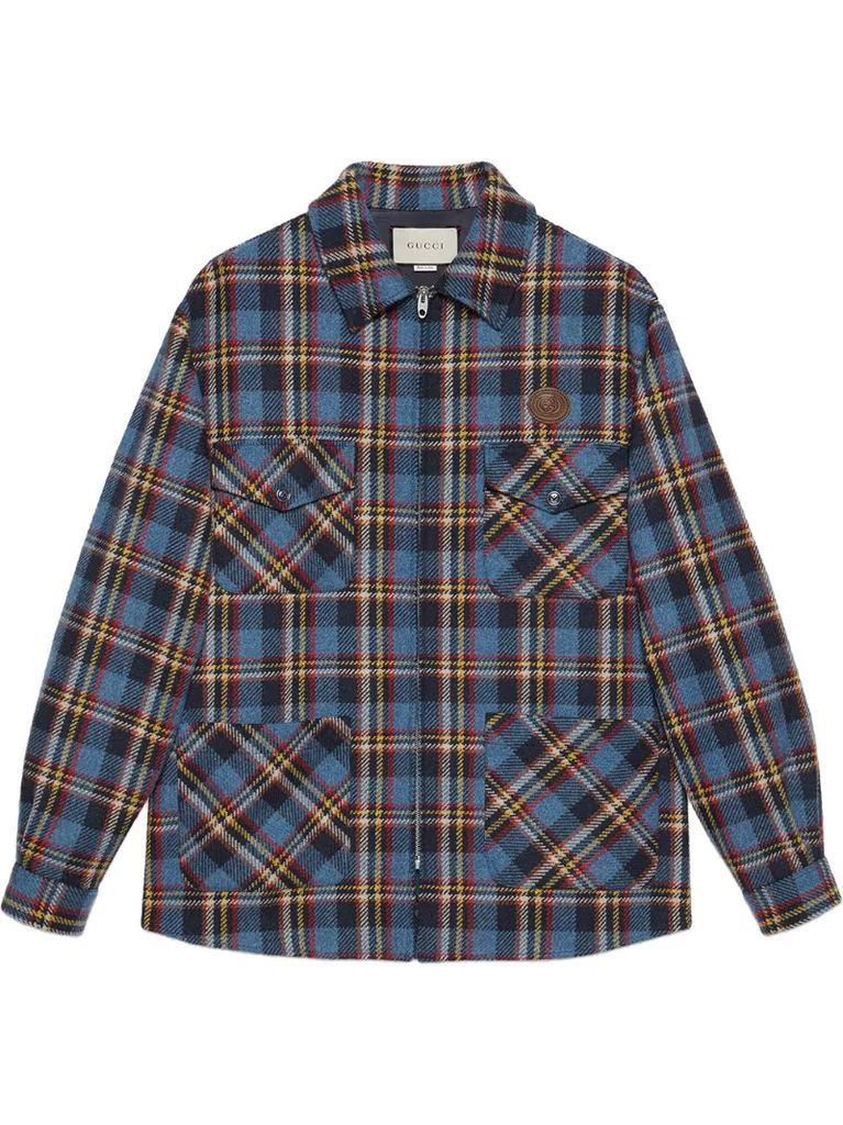 tiger patch checked shirt jacket