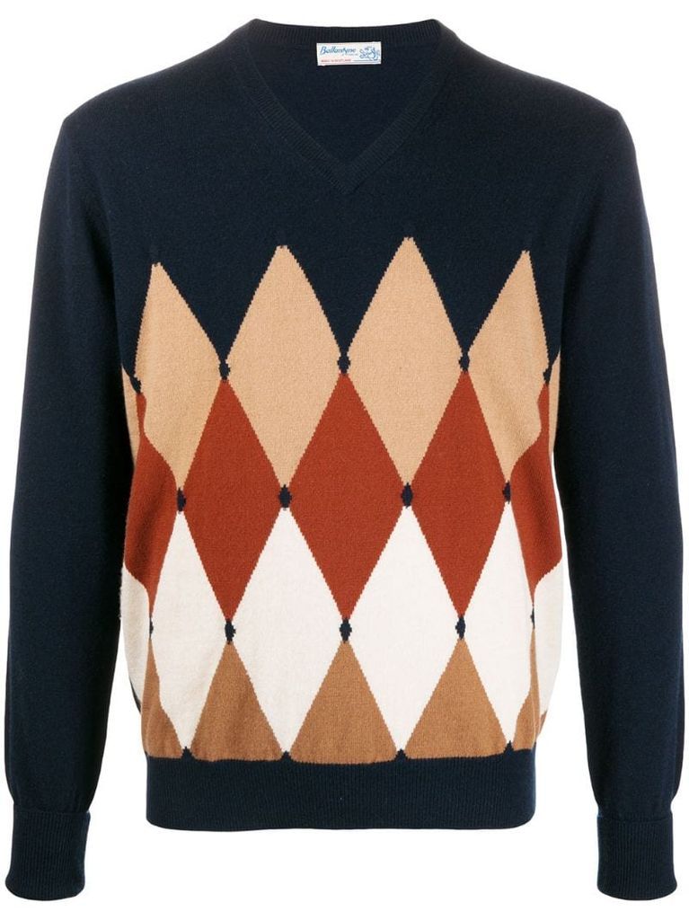 v-neck argyle intarsia knit jumper