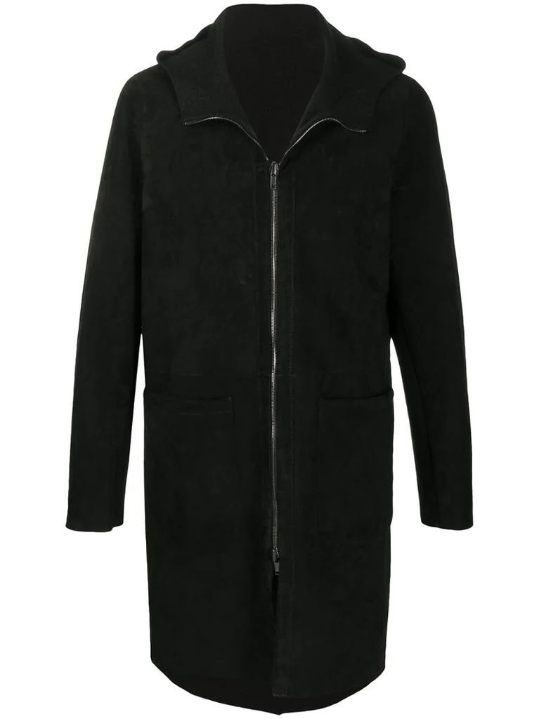 hooded suede coat