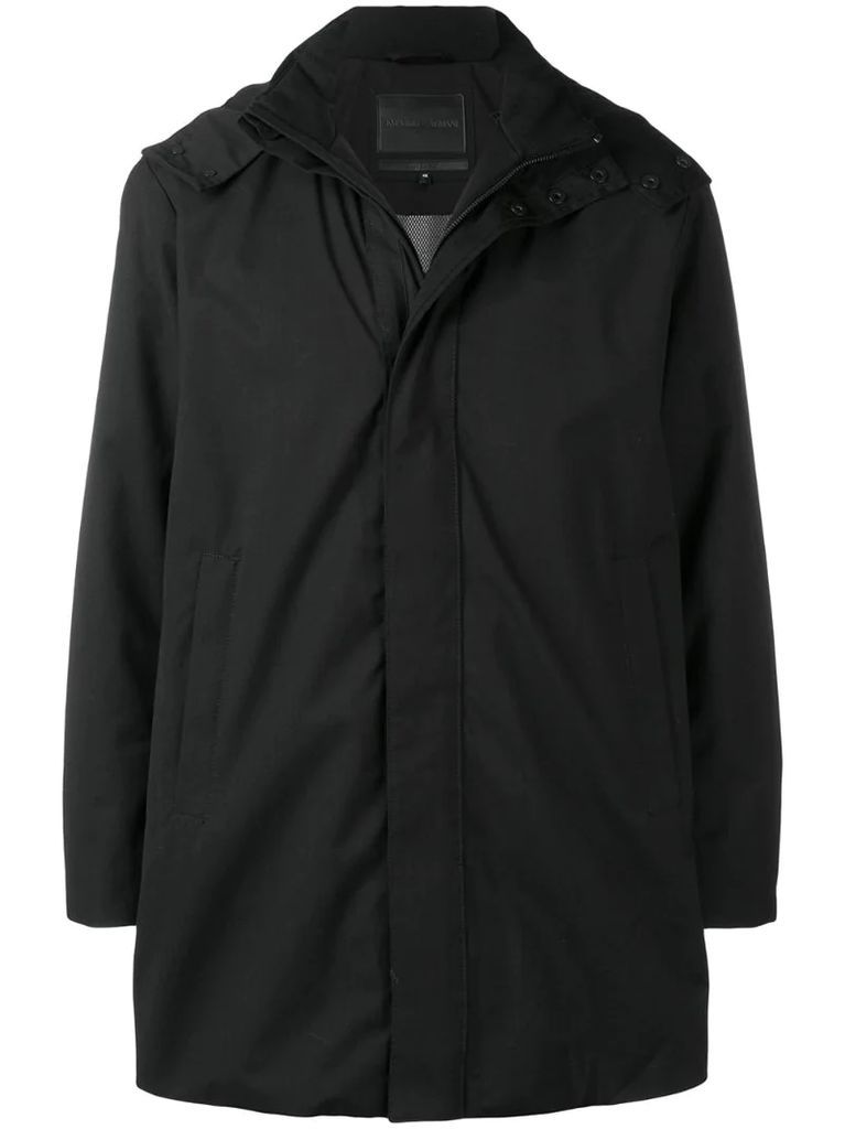 hooded band collar coat