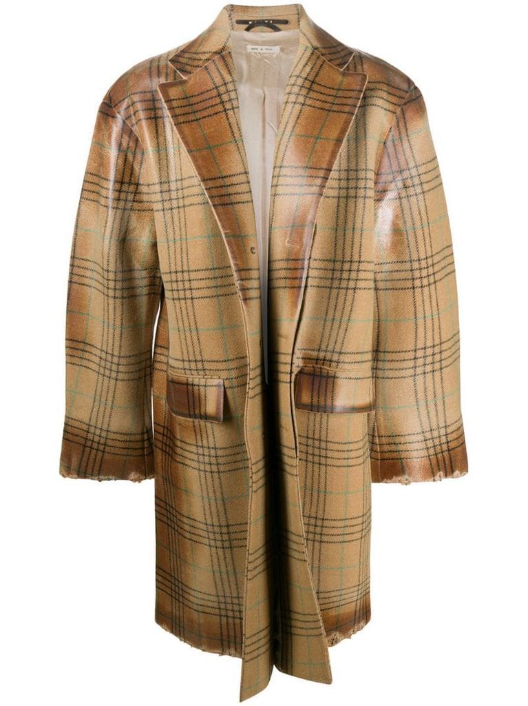 distressed-effect oversized check coat