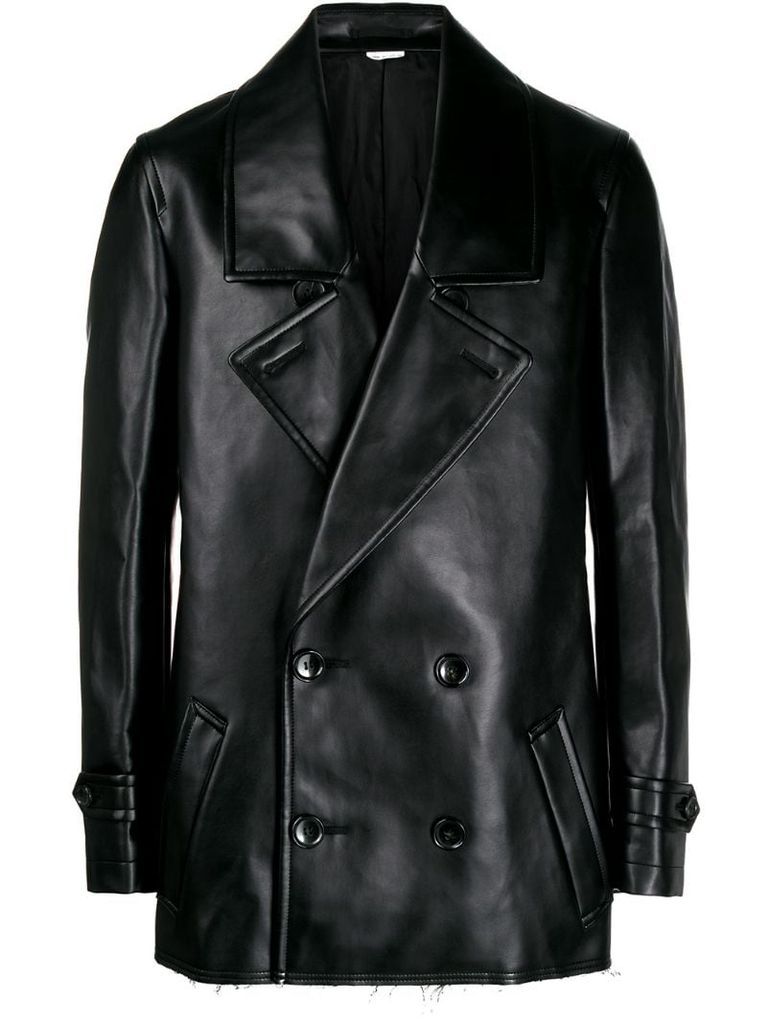 double-breasted faux-leather coat
