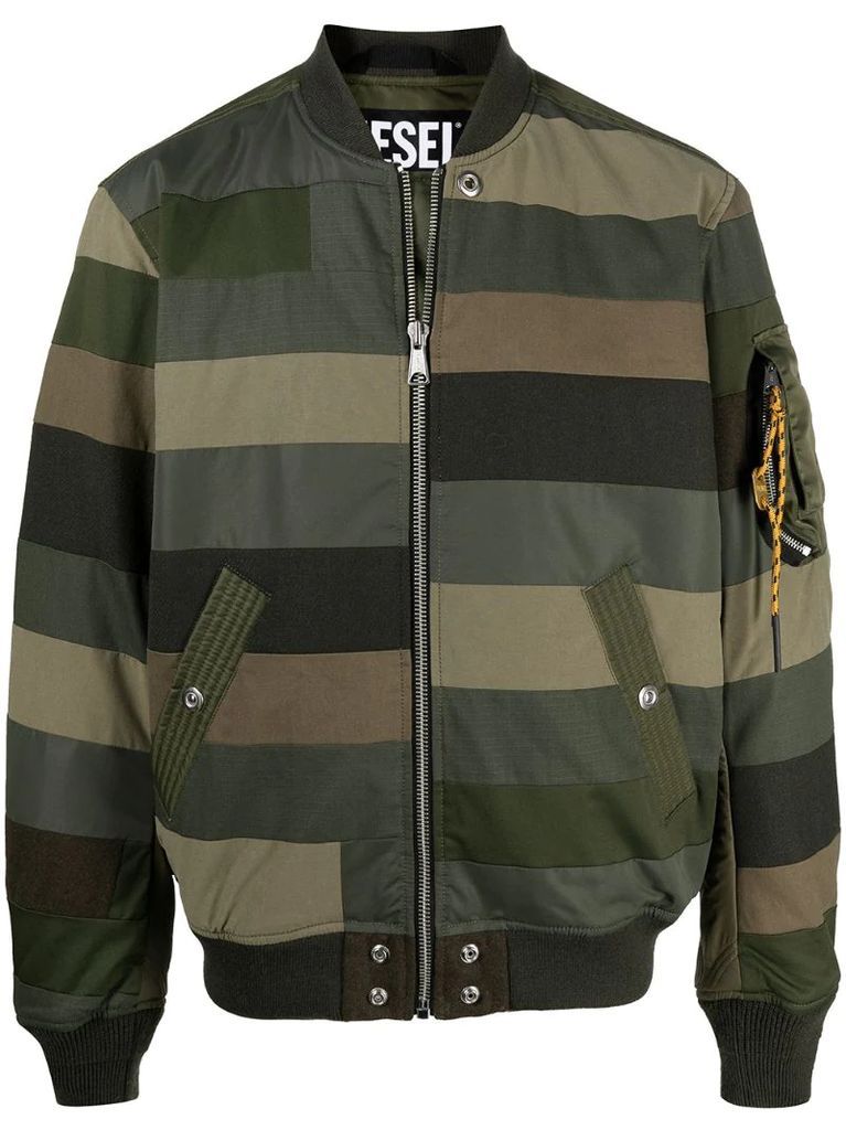stripe-pattern patchwork bomber jacket