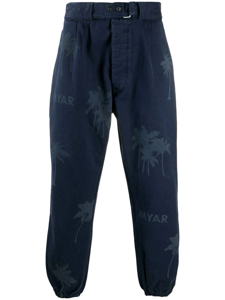 palm tree print denim trousers