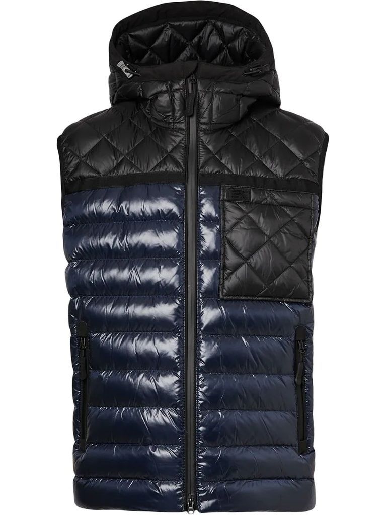 quilted panel hooded puffer gilet