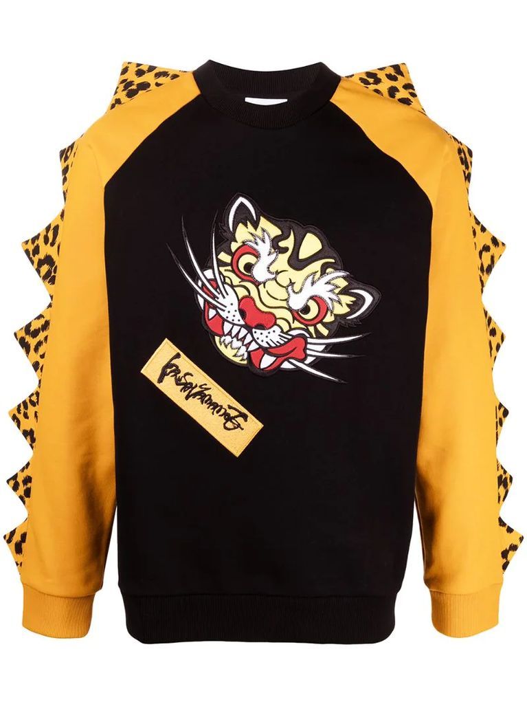 panelled tiger-motif sweatshirt