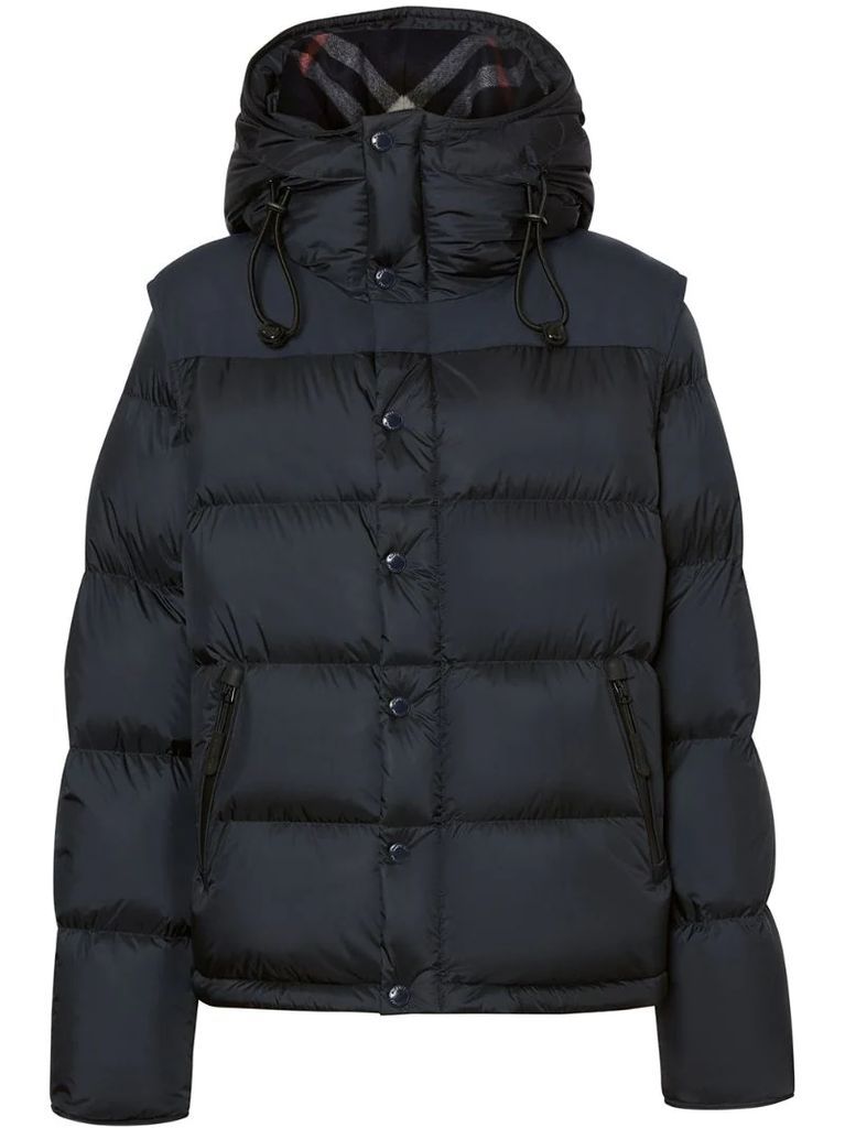 detachable sleeve hooded puffer jacket
