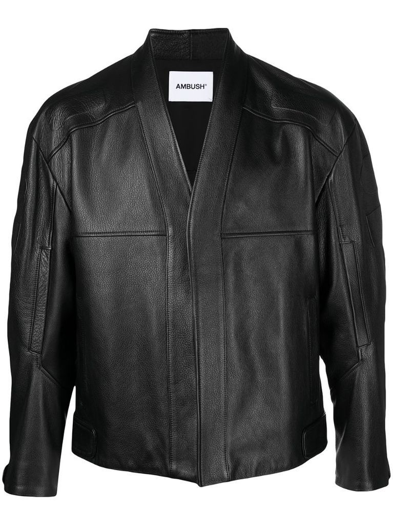 embossed-logo open-front leather jacket