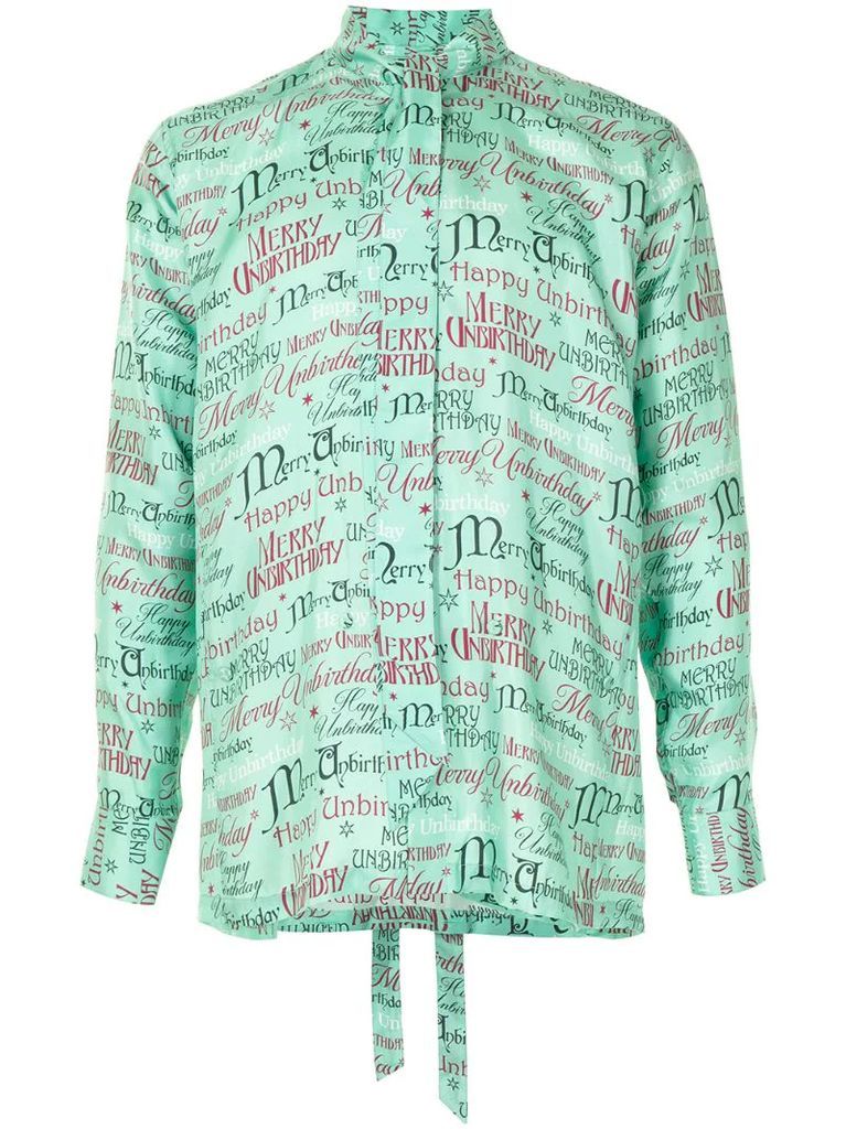 slogan-print tied-neck silk shirt