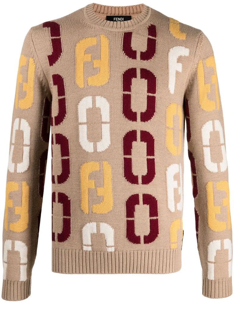Code pattern crew-neck wool jumper