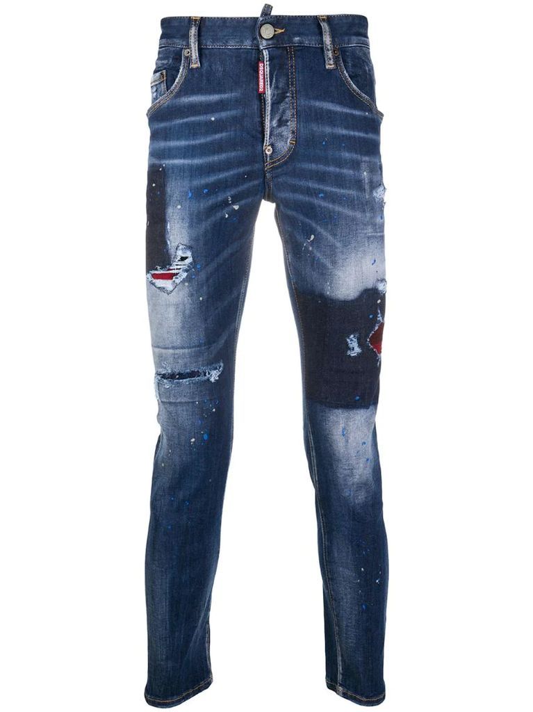 distressed patchwork slim-fit jeans