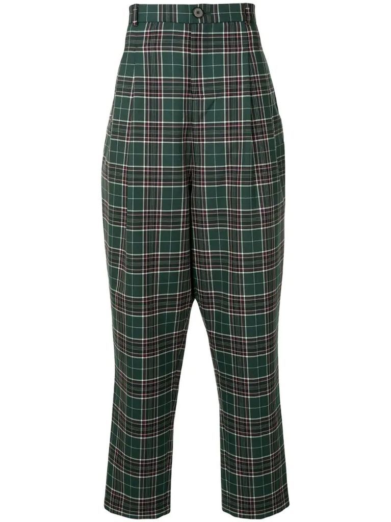 checkered wide-leg carrot trousers