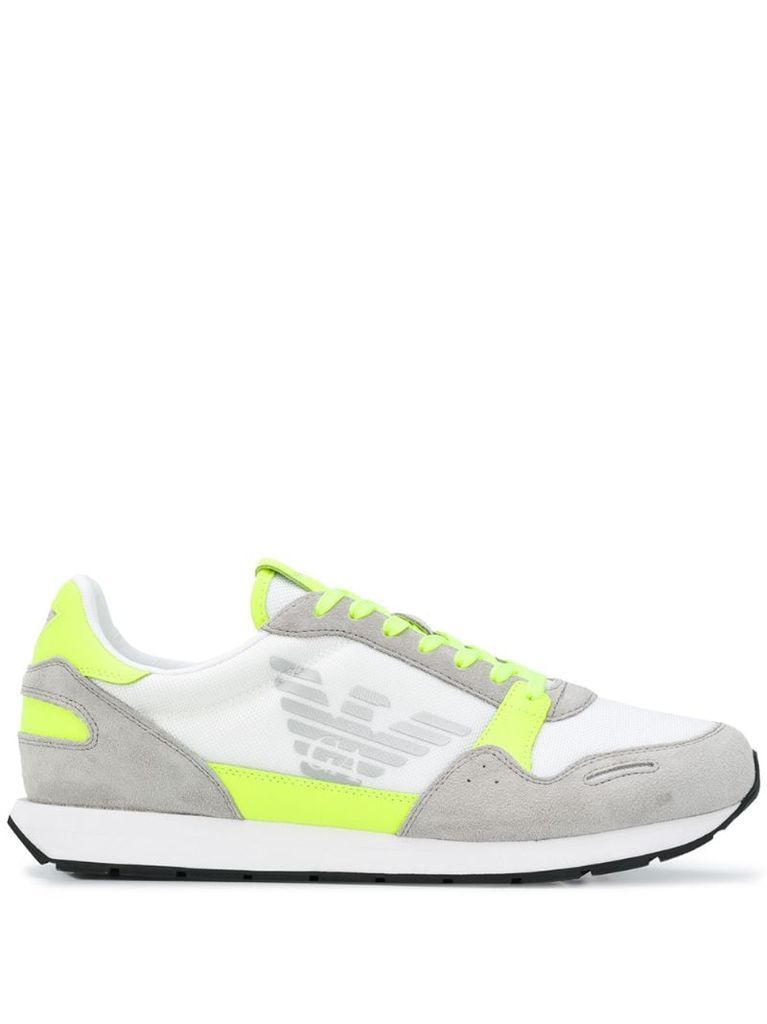 neon-trimmed suede-panel low top trainers