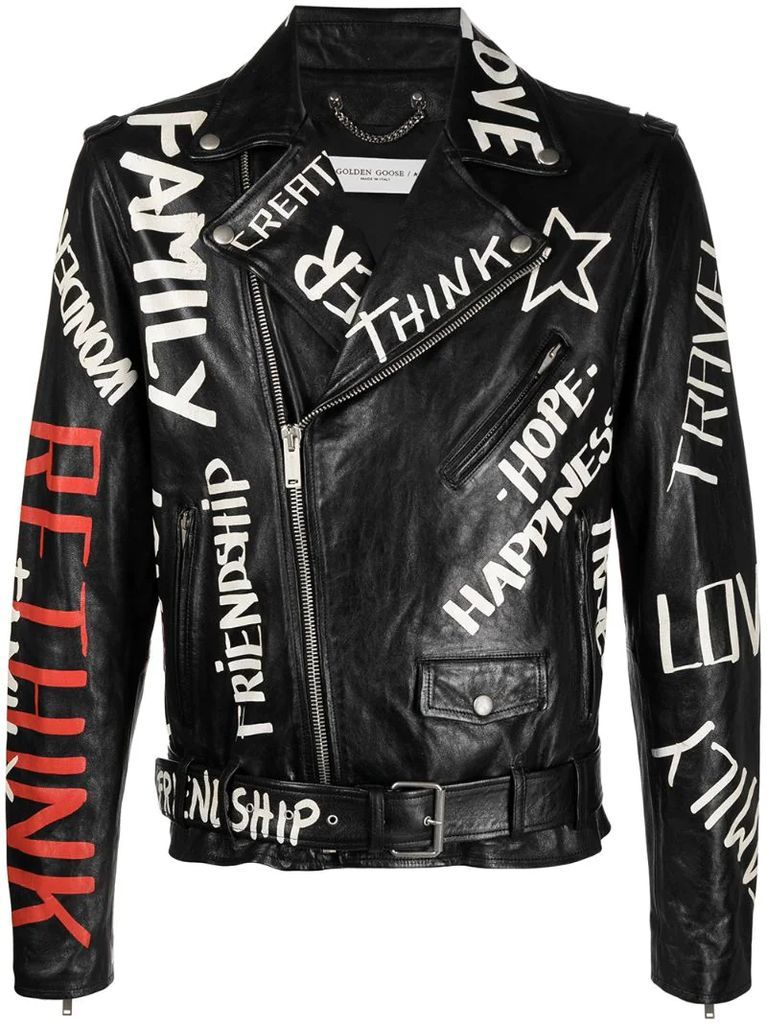 word-print leather biker jacket