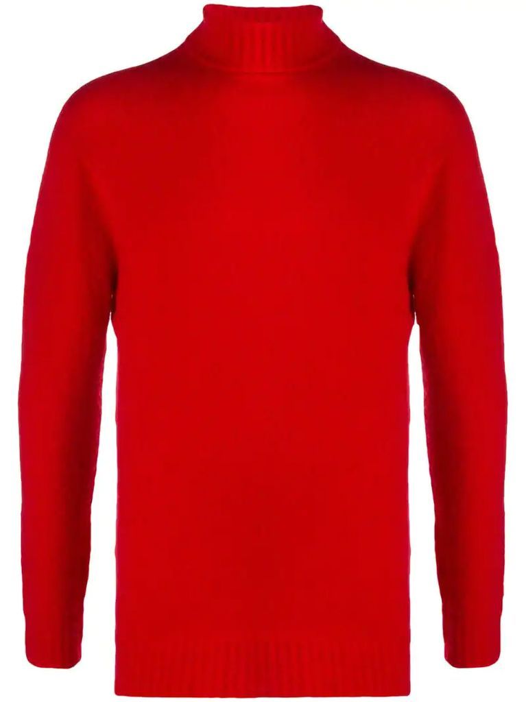red roll-neck jumper