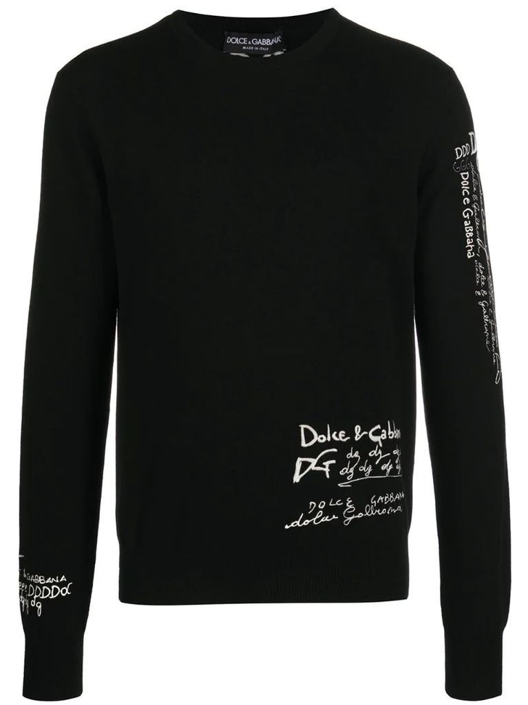 cashmere sweater with logo doodle embroidery