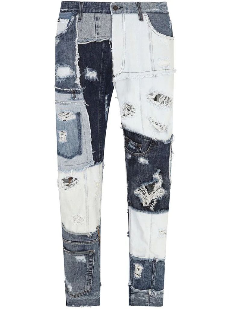 distressed patchwork jeans
