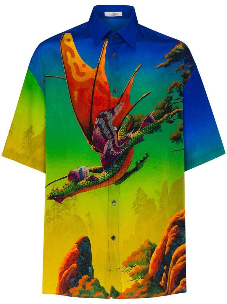 Dragon at Dawn graphic-print silk shirt