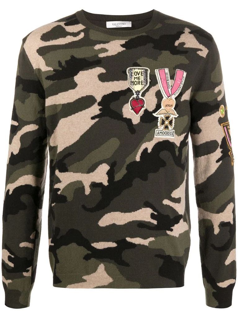camouflage military badge embellished sweater