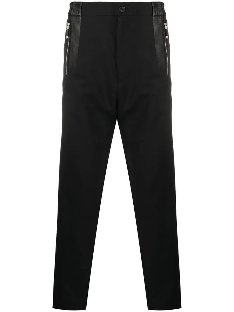 leather-detailed straight leg trousers