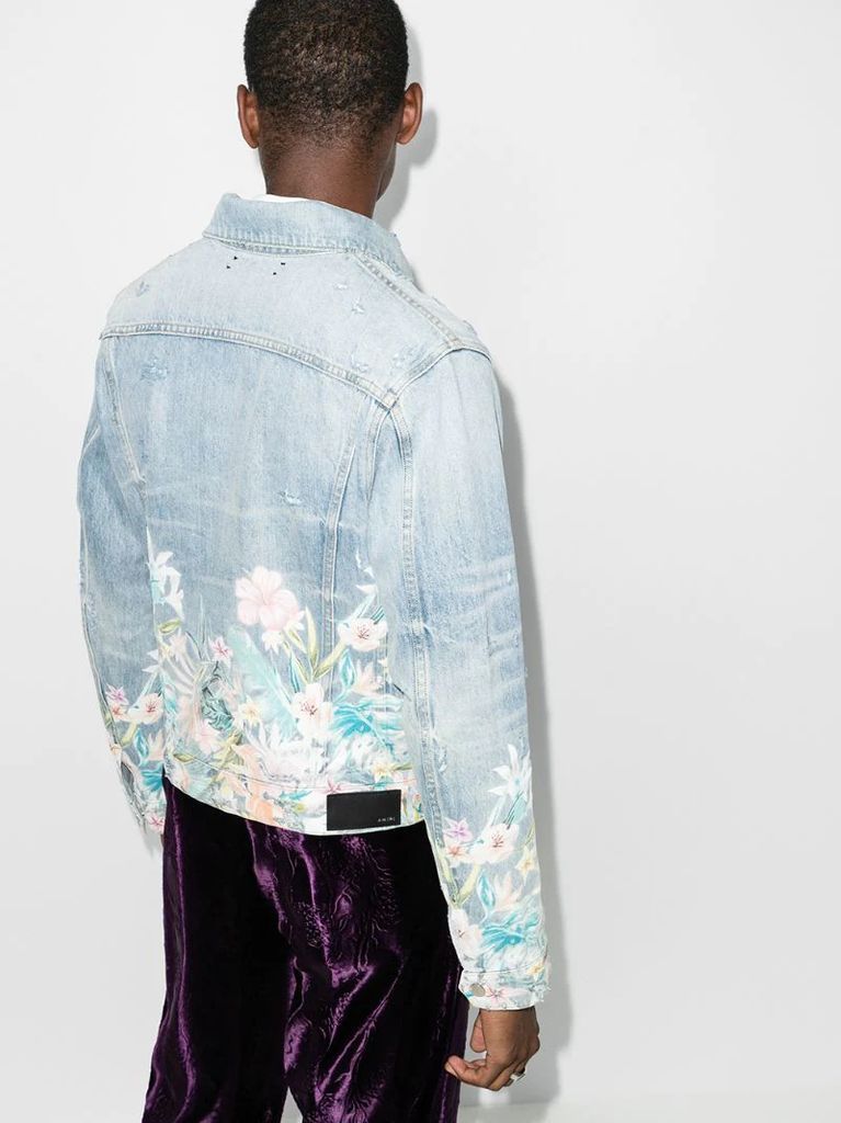 distressed floral denim jacket