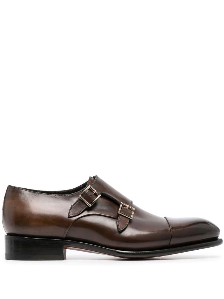 polished-finish buckle-fastening monk shoes