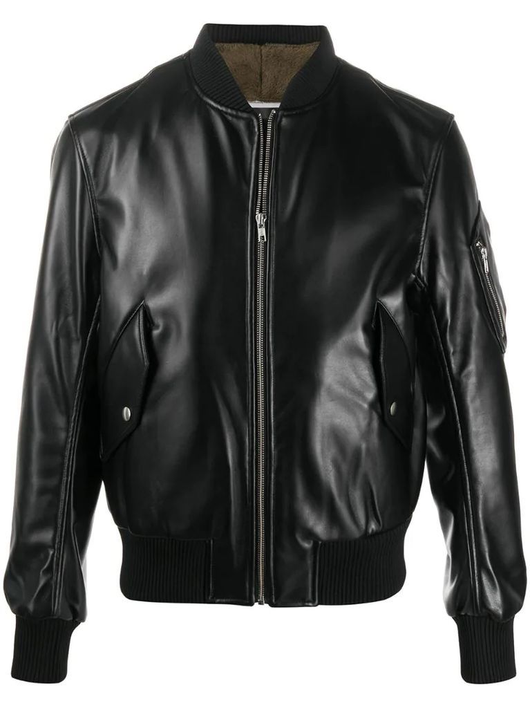 leather-effect zipped bomber jacket