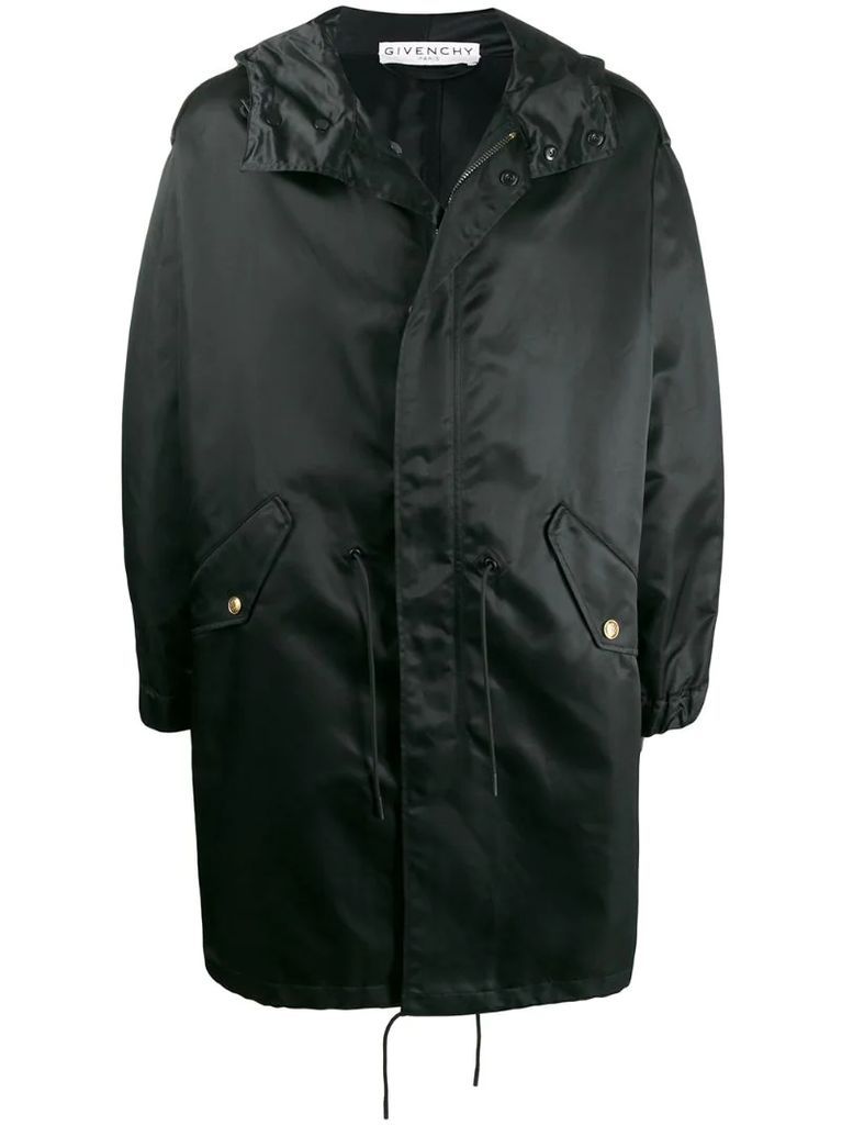 hooded mid-length raincoat
