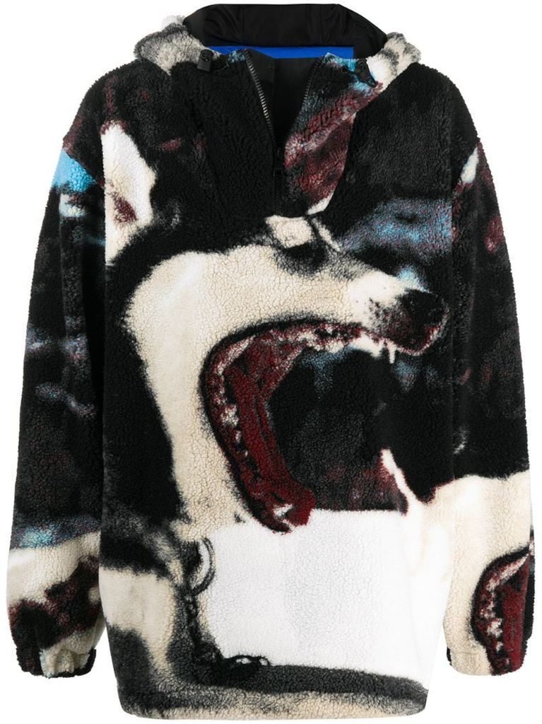 wolf print fleece hoodie