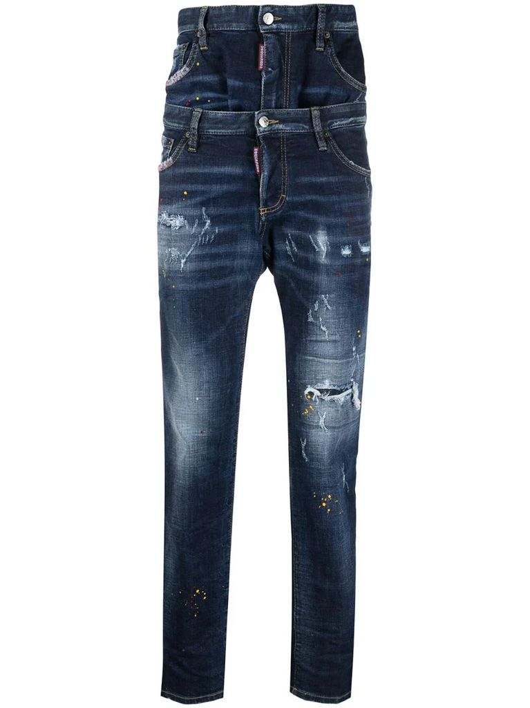 double-layer regular-fit distressed denim jeans