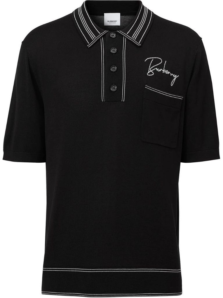 logo-embroidered silk-blend knitted polo
