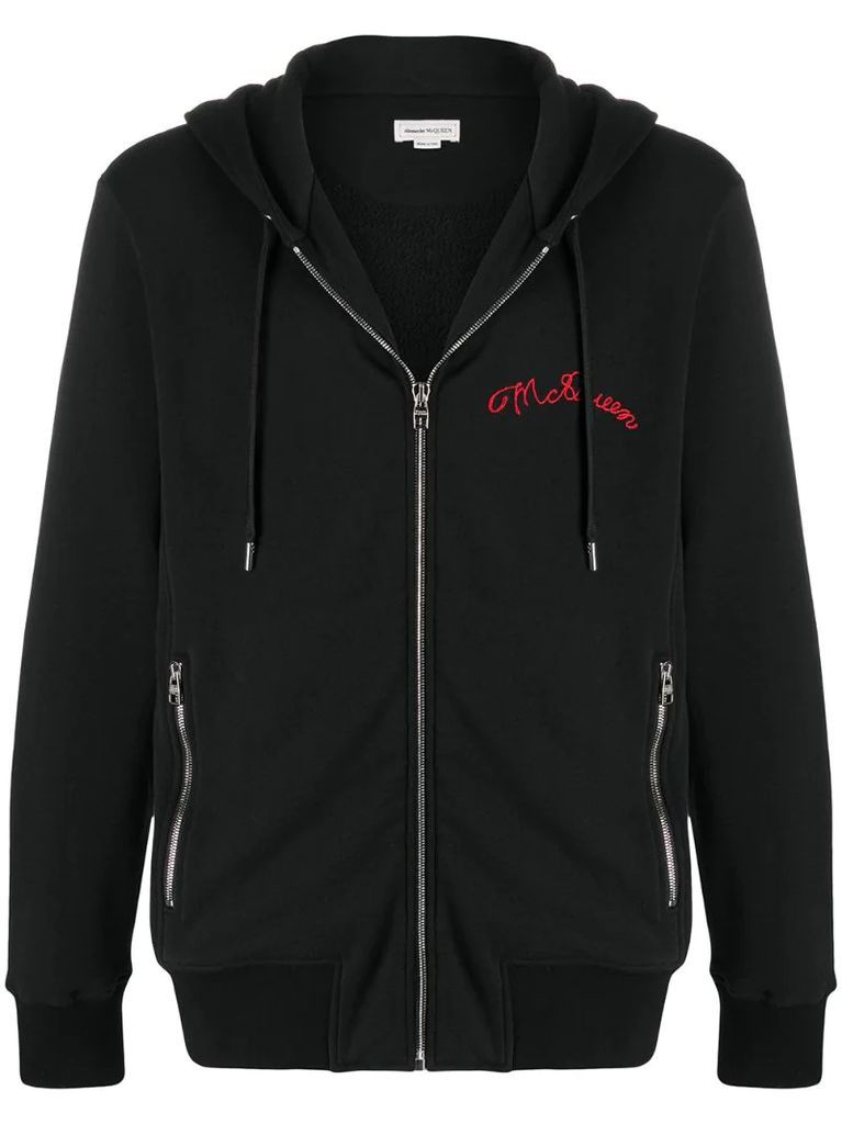embroidered logo zip-up hoodie