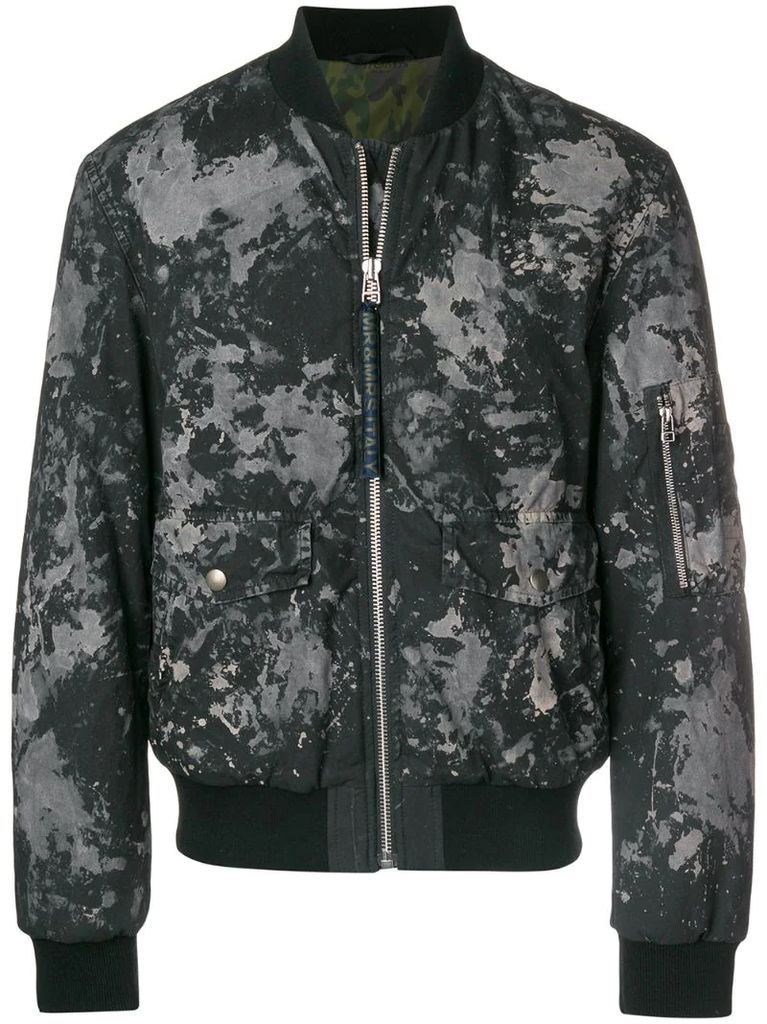 splatter-print padded bomber jacket