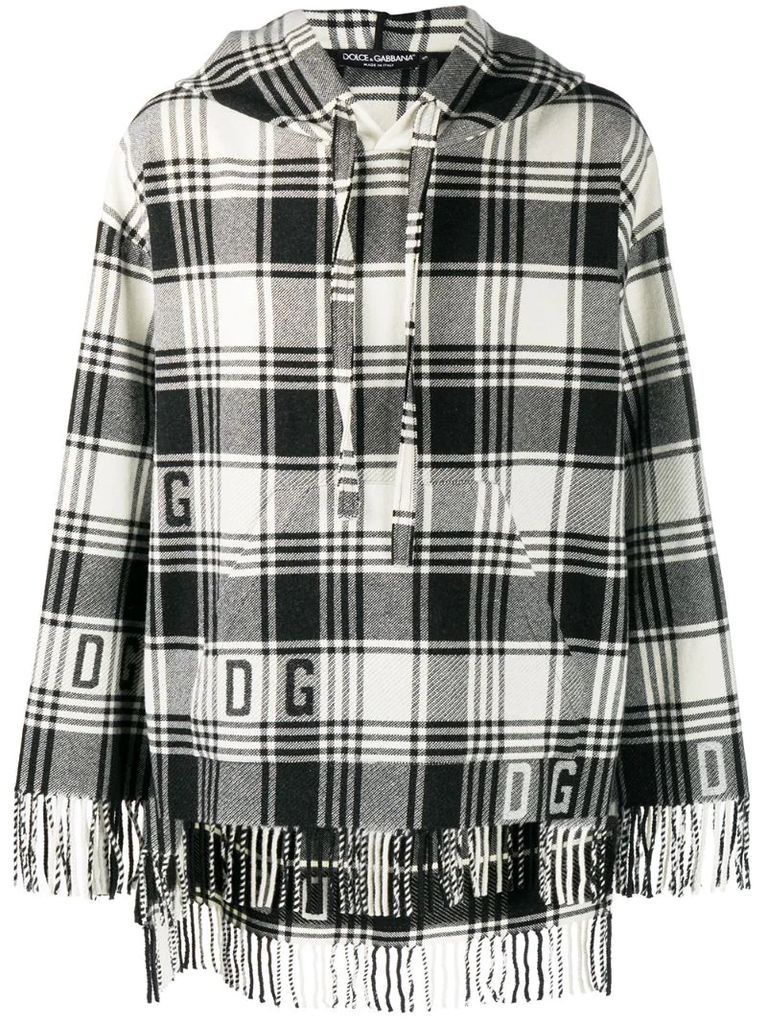 fringed checked knitted hoodie