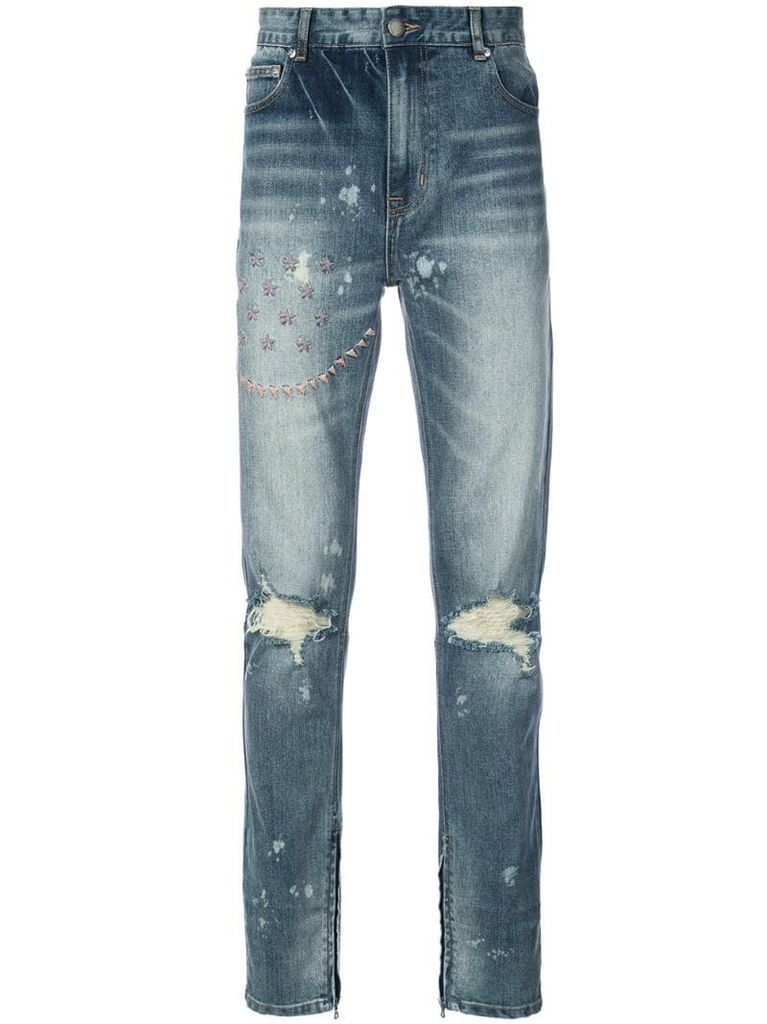 ripped embroidered slim-fit jeans