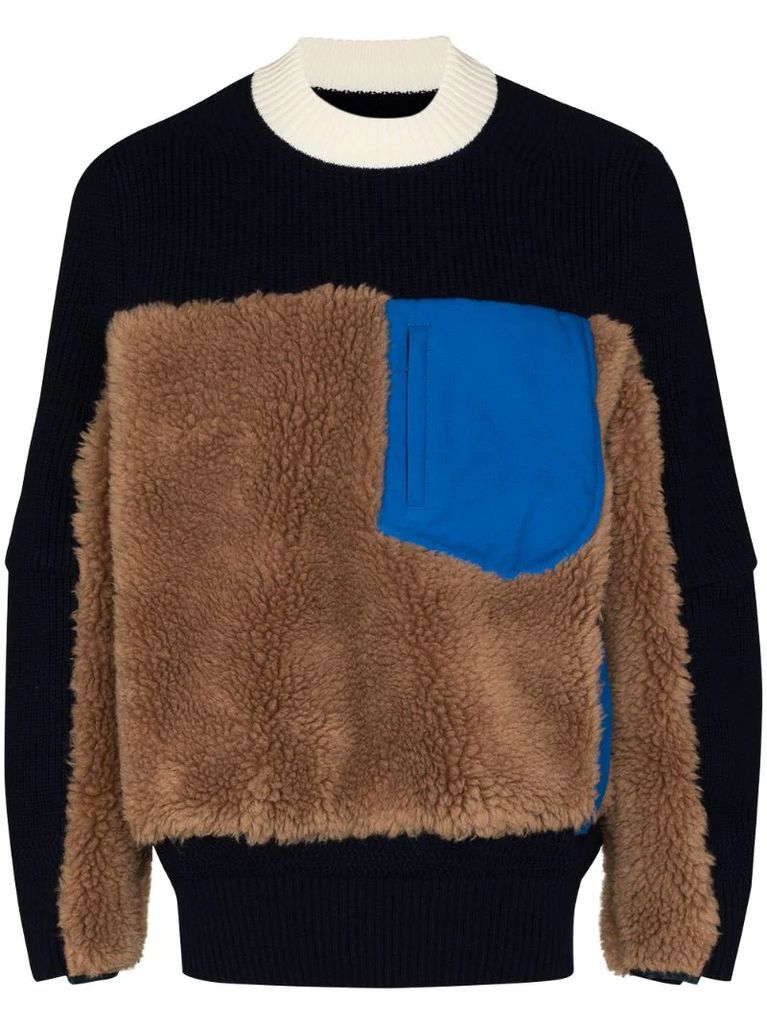 faux-shearling panelled jumper